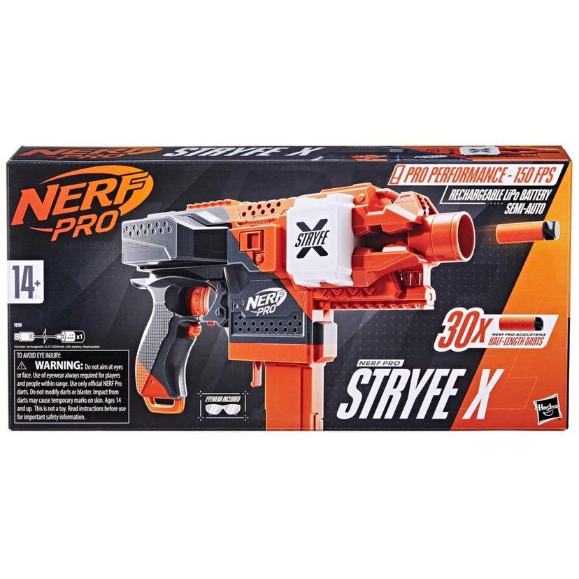 Nerf Pro Stryfe X Dart Blaster, Battery, 30 Nerf AccuStrike Half-Length Darts, Magazine, Eyewear product image 1
