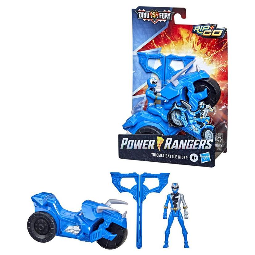 Power Rangers Dino Fury Rip N Go Tricera Battle Rider and Dino Fury Blue Ranger 6-Inch-Scale Vehicle and Figure, Toys product image 1