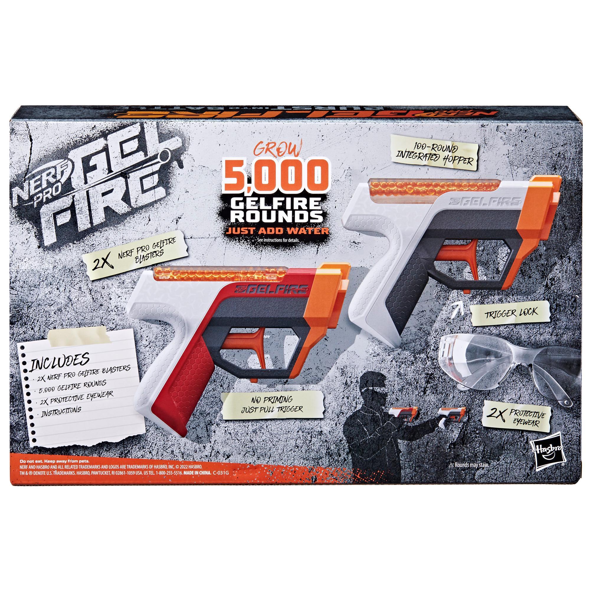 Nerf Pro Gelfire Dual Wield Pack, 2 blasters, 5 000 billes Gelfire, 2 chargeurs-trémie 100 billes intégrés, 2 lunettes product thumbnail 1