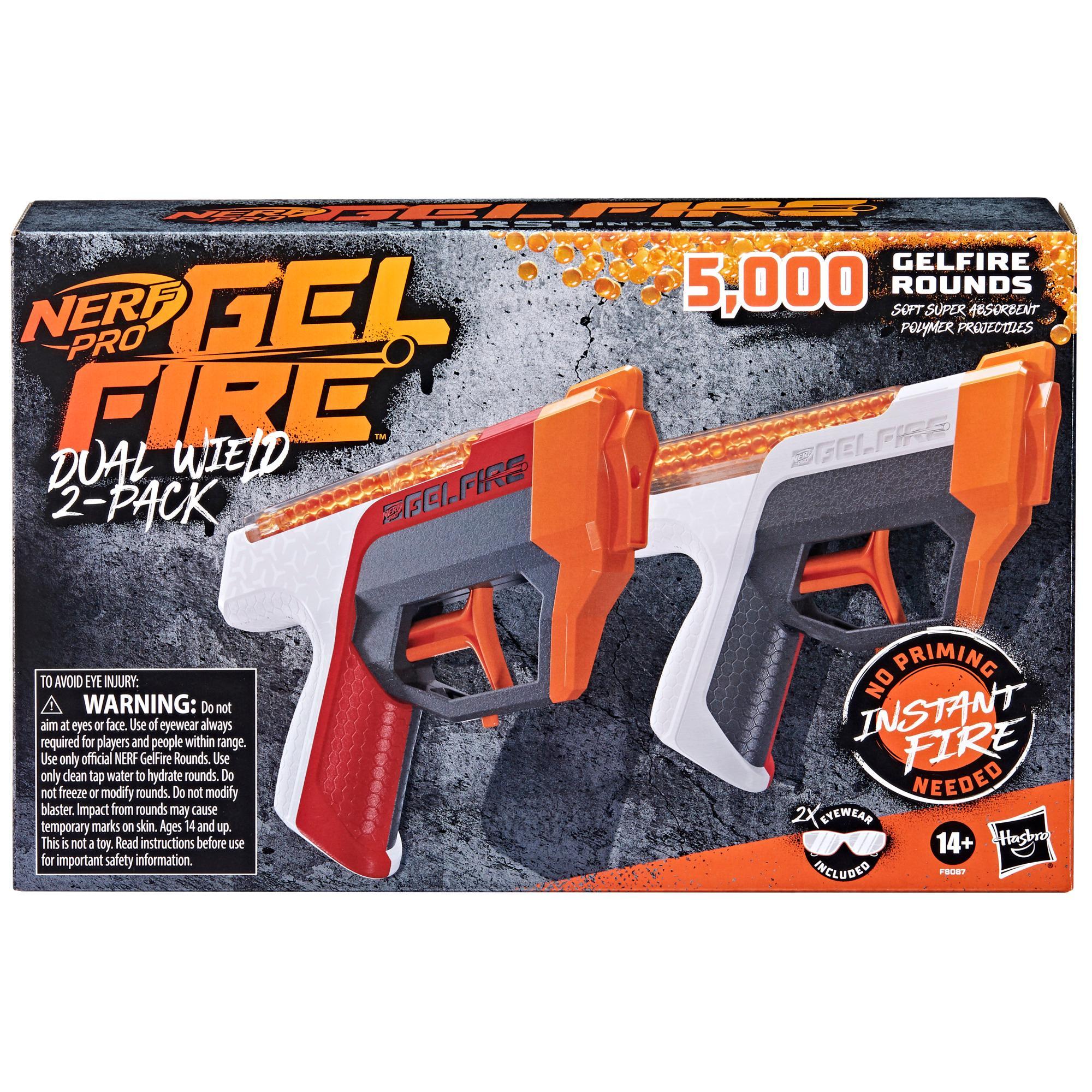 Nerf Pro Gelfire Dual Wield Pack, 2 blasters, 5 000 billes Gelfire, 2 chargeurs-trémie 100 billes intégrés, 2 lunettes product thumbnail 1