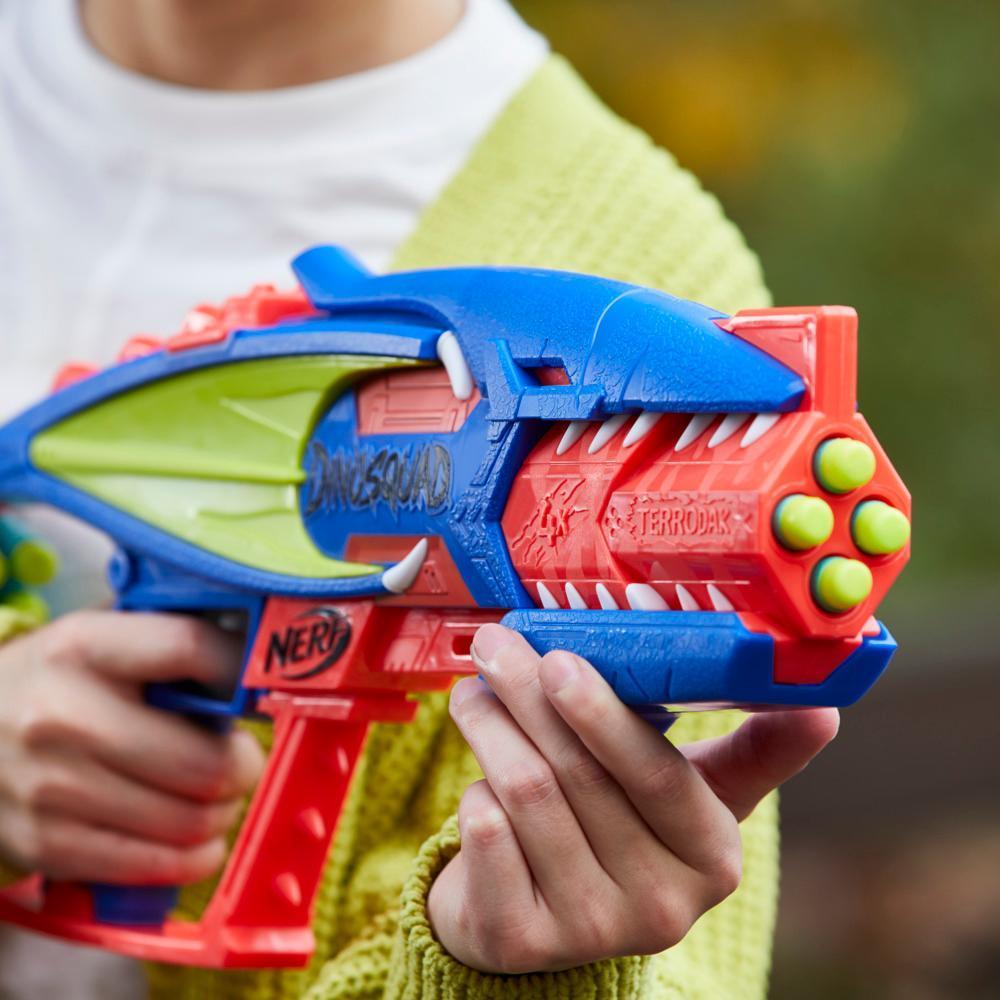 Nerf DinoSquad Terrodak, 12 fléchettes Nerf Elite, blaster Nerf en forme de dinosaure avec canon 4 fléchettes, jeu d'extérieur pour enfants product thumbnail 1